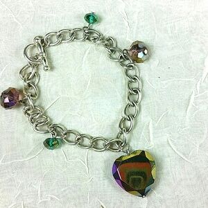 Chain Charm Bracelet Crystal Iridescent glass heart bead Toggle silver Whimsical